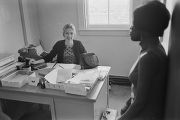 Mary Ellen Gale at her desk at the Southern Courier office in the Frank Leu Building in Montgomery, Alabama.