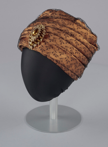 Rust satin and black lace turban from Mae's Millinery Shop