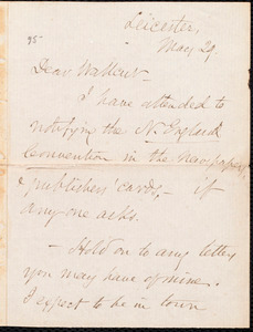 Letter from Samuel May, Jr., Leicester [Mass.], to Robert Folger Wallcut, May 29 [1865]