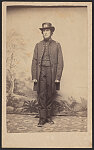 [Assistant surgeon Elisha Cheney of 14th Maine Infantry Regiment in uniform, in front of painted backdrop showing tree and foliage]