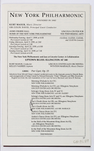 New York Philharmonic Printed Program (Subscription Season Subscription Season), Apr 10, 1999; Apr 13, 1999 at Avery Fisher Hall Avery Fisher Hall in Manhattan, NY Manhattan, NY; Kurt Masur, conductor.