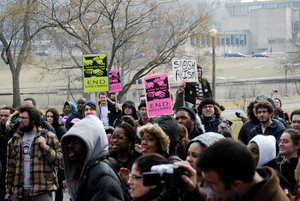 Justice for Jason rally at UMass Amherst: protesters outside the Student Union Building in support of Jason Vassell