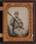 [Private George Hamilton Guinn of Co. A, 52nd Virginia Infantry Regiment, in uniform with musket, Bowie knive, and canteen]