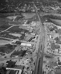 Aerial view of the Edmund Pettus Bridge and U.S. Highway 80 in Selma, Alabama, on the first day of the Selma to Montgomery March.