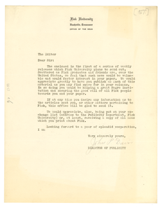 Thumbnail for Circular letter from Fisk University to the editor of The Crisis