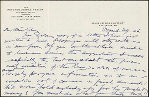 Thumbnail for Baldwin, James Mark, 1861-1934 autograph letter signed to Hugo Münsterberg, Baltimore, 29 March 1906