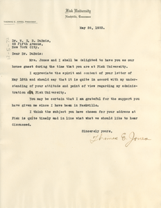 Letter from Thomas Elsa Jones to W. E. B. Du Bois