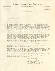 Letter from Committee on Race Relations to W. E. B. Du Bois