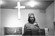 Coretta Scott King speaking to an audience of women at Hall Street Baptist Church in Montgomery, Alabama.