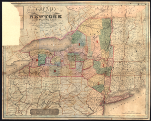 Map of the state of New-York and the surrounding country County towns, canals, rail roads, senatorial & congressional divisions also the distances along the canals, rail roads, and principal mail routes