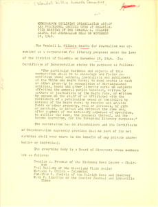 Memorandum outlining organization set-up and procedures decided upon at organization meeting of the Wendell L. Willkie Awards for Journalism held on November 18, 1946