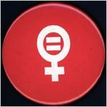 Female gender symbol with equals sign [button], circa 1980s