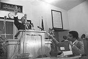 Martin Luther King, Jr., speaking to an audience at Maggie Street Baptist Church in Montgomery, Alabama.