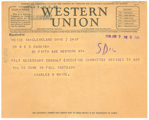 Telegram from NAACP, Cleveland branch to W. E. B. Du Bois