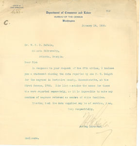 Letter from the United States Census Office to W. E. B. Du Bois