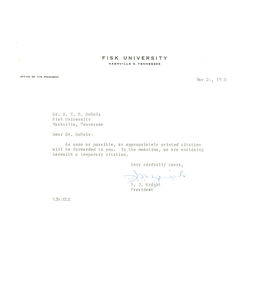 Letter from Fisk University to W. E. B. Du Bois