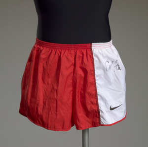 Running shorts worn and signed by Carl Lewis