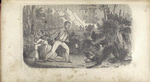 [A man standing in front of a woman and child fighting off dogs.]