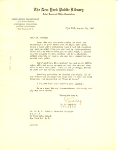 Letter from New York Public Library Schomburg Center to W. E. B. Du Bois