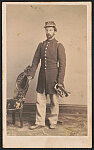 [Private David R. Webster of Co. E, 1st Massachusetts Heavy Artillery Regiment in uniform holding a bugle]