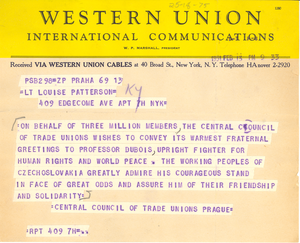 Telegram from Central Council of Trade Unions to Council on African Affairs