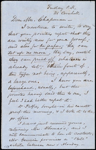 Letter from Samuel May, 21 Cornhill, [Boston, Mass.], to Maria Weston Chapman, Friday P.M. [1857?]