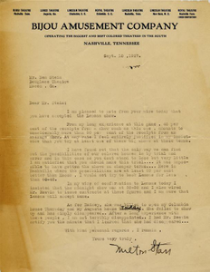 Letter: Nashville, Tennessee to Ben Stein, Macon, Georgia, 1927 Sept. 10