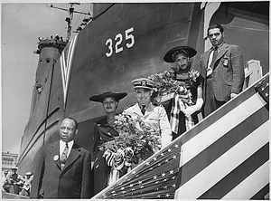 Thumbnail for "LSM Vessel No. 325 launching party." Mrs. Lula Martin, Chicago, IL, second from the left, was the sponsor