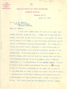 Letter from the United States Census Office to W. E. B. Du Bois