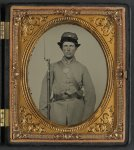 [Unidentified soldier in New Hampshire uniform and Co. D Whipple hat with bayoneted musket and revolver]