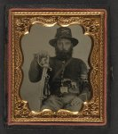 [Unidentified soldier in Union cavalry uniform and Hardee hat with European import saber and French LeFaucheux pinfire revolver]