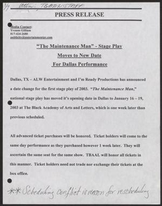 Press release: "The Maintenance Man" - Stage Play Moves to New Date for Dallas Performance