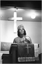 Coretta Scott King speaking to an audience of women at Hall Street Baptist Church in Montgomery, Alabama.