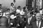 Senator Edward Kennedy being escorted by Atlanta police down Auburn Avenue to Ebenezer Baptist Church for Martin Luther King, Jr.'s funeral.