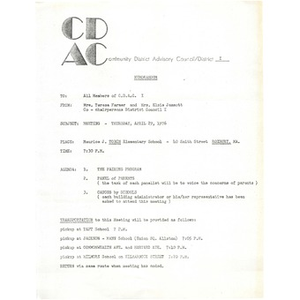 Thumbnail for Meeting agenda, Community District Advisory Council District I, April 29, 1976.