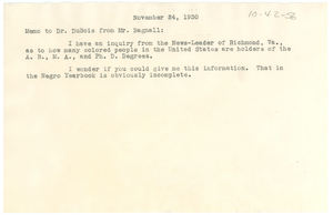 Memorandum from Robert Bagnall to W. E. B. Du Bois