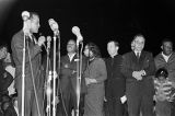 Harry Belafonte with other civil rights leaders at the "Stars for Freedom" rally at the City of St. Jude in Montgomery, Alabama, the night before the end of the Selma to Montgomery March.