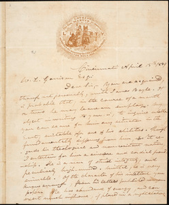 Thumbnail for Letter from Gamaliel Bailey, Cincinnati, [Ohio], to William Lloyd Garrison, 1839 April 15th