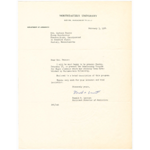 Letter from Donald Lacount, Director of Admissions at Northeastern University, to Barbara Dawson about presenting Scholarship Program for Negro students at the Sunday at 8 forum