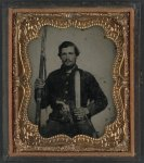 [Unidentified soldier in Confederate uniform with musket and Horstman &amp; Sons sword bayonet, pistol, and Bowie knife]