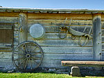 Portions of the partially rebuilt Fort Seminoe trading post at the Martin's Cove Mormon Handcart historic site in Sweetwater County, Wyoming. At the wagon stop in the 1850s, Mormon emigrants to their "New Zion" in Utah were offered shelter and respite. The adjacent handcart site, on the old Mormon and Oregon trails (and the California Trail and Pony Express route as well, which all followed similar routes before diverging in what is now western Wyoming), recalls the Mormons'  westward migration after they were forced from their village in Illinois. Many Mormon emigrants pulled their families and/or possessions in crude handcarts on the arduous journey. These carts are used for school-group tours, when youngsters are invited to pull their classmates around the grounds