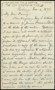 Letter from William Lloyd Garrison, Roxbury, [Mass.], to Fanny Garrison Villard, Dec. 4, 1876