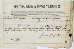 James A. Garfield to William Babcock Hazen : telegram.