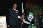 Willie Williams greeting Recycle Robot, Los Angeles, 1992