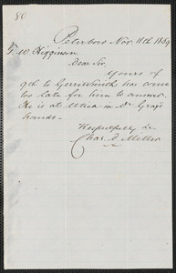 Thumbnail for Charles D. Miller autograph note signed to Thomas Wentworth Higginson, Peterboro N.Y., 11 November 1859