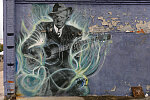 Mural of Mississippi jazz musician Robert Johnson in Clarksdale, a music center in the Mississippi Delta