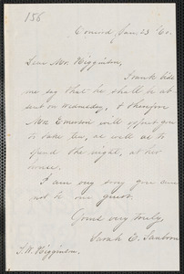 Sarah Elizabeth Sanborn autograph note signed to Thomas Wentworth Higginson, Concord, 23 January [18]60