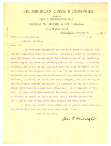 Letter from Ellis P. Oberholtzer to W. E. B. Du Bois