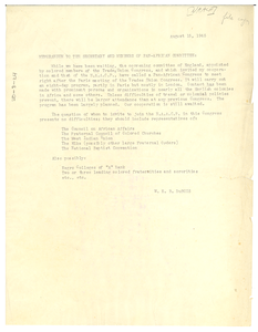 Memorandum from W. E. B. Du Bois to Sub-Committee of the Committee on the Pan African Congress