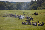 Scene during one of several battle re-enactments, held each American Independence Day Weekend, of the decisive 1863 Battle of Gettysburg in Pennsylvania, which turned the tide of the American Civil War against the Confederacy